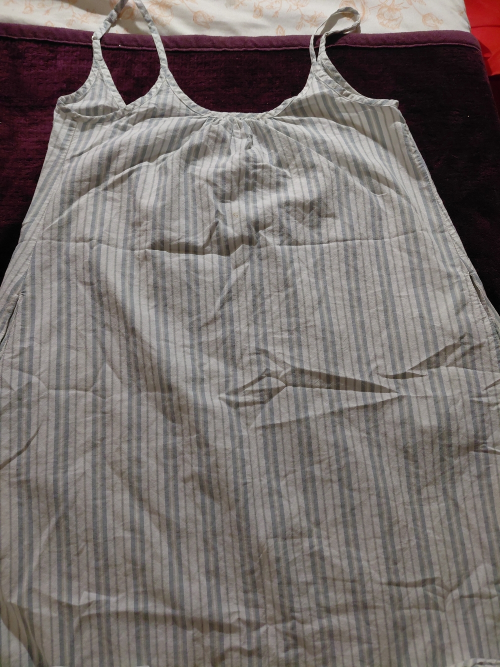 Coyuchi White and Light Blue Striped Cotton Nightgown.